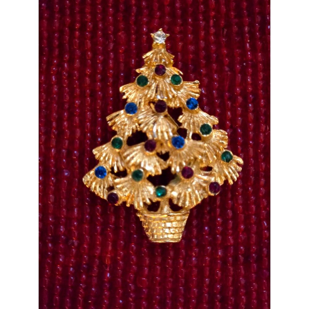 LMJ Christmas Tree Rhinestone Brooch Vintage 1970s Holiday